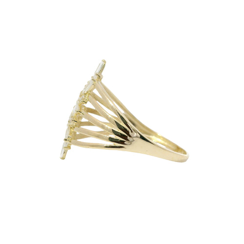 14KT Gold Ring Women's Light Weight Jumbo Marquise Pear Baguette White CZ Stone Snowflake Center Five Way Split Band