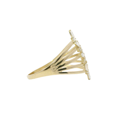 14KT Gold Ring Women's Light Weight Jumbo Marquise Pear Baguette White CZ Stone Snowflake Center Five Way Split Band