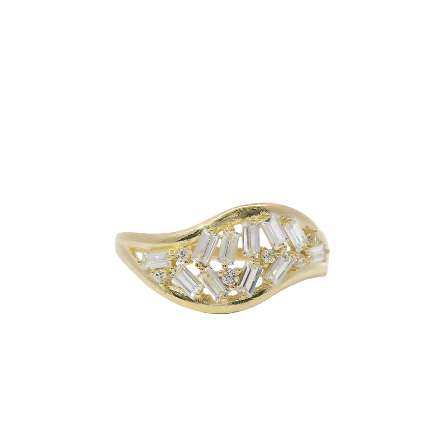14KT Gold Ring Women's Light Weight Wavy Baguette White CZ Stone Wheat Stem with Open Split Band