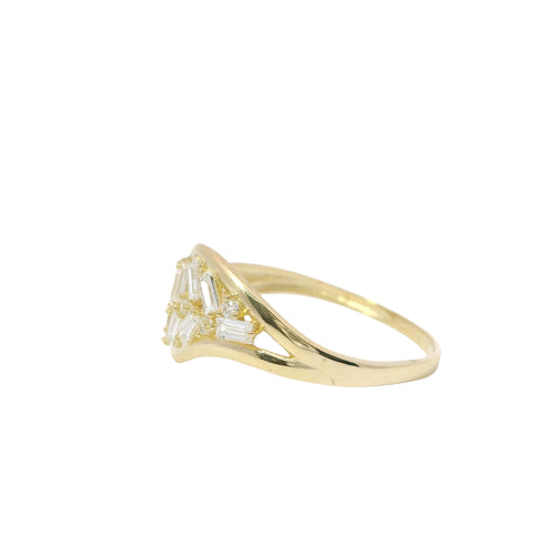 14KT Gold Ring Women's Light Weight Wavy Baguette White CZ Stone Wheat Stem with Open Split Band