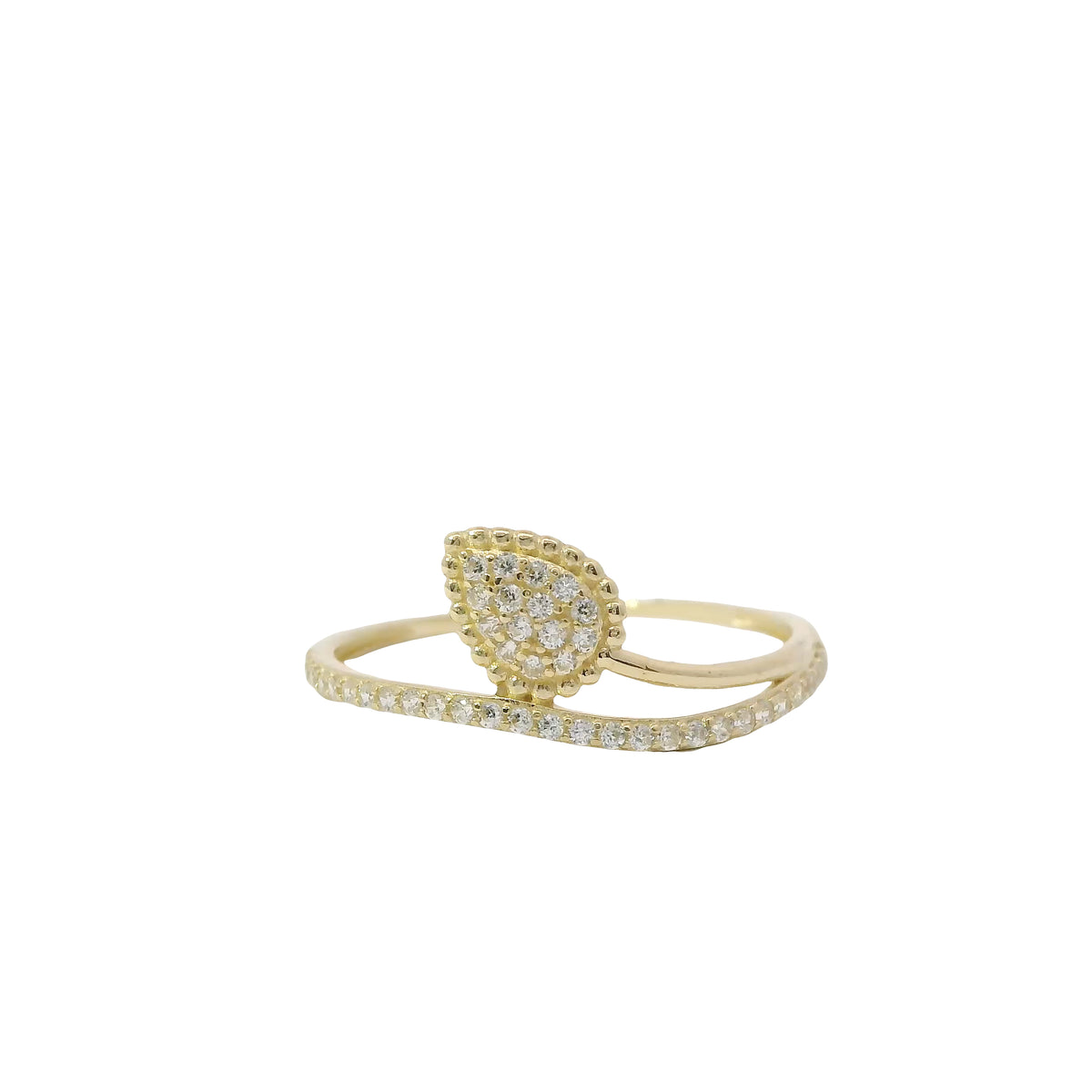 14KT Gold Ring Women's Light Weight White CZ Stone Leaf Center with Mock CZ Stone Bypass Band