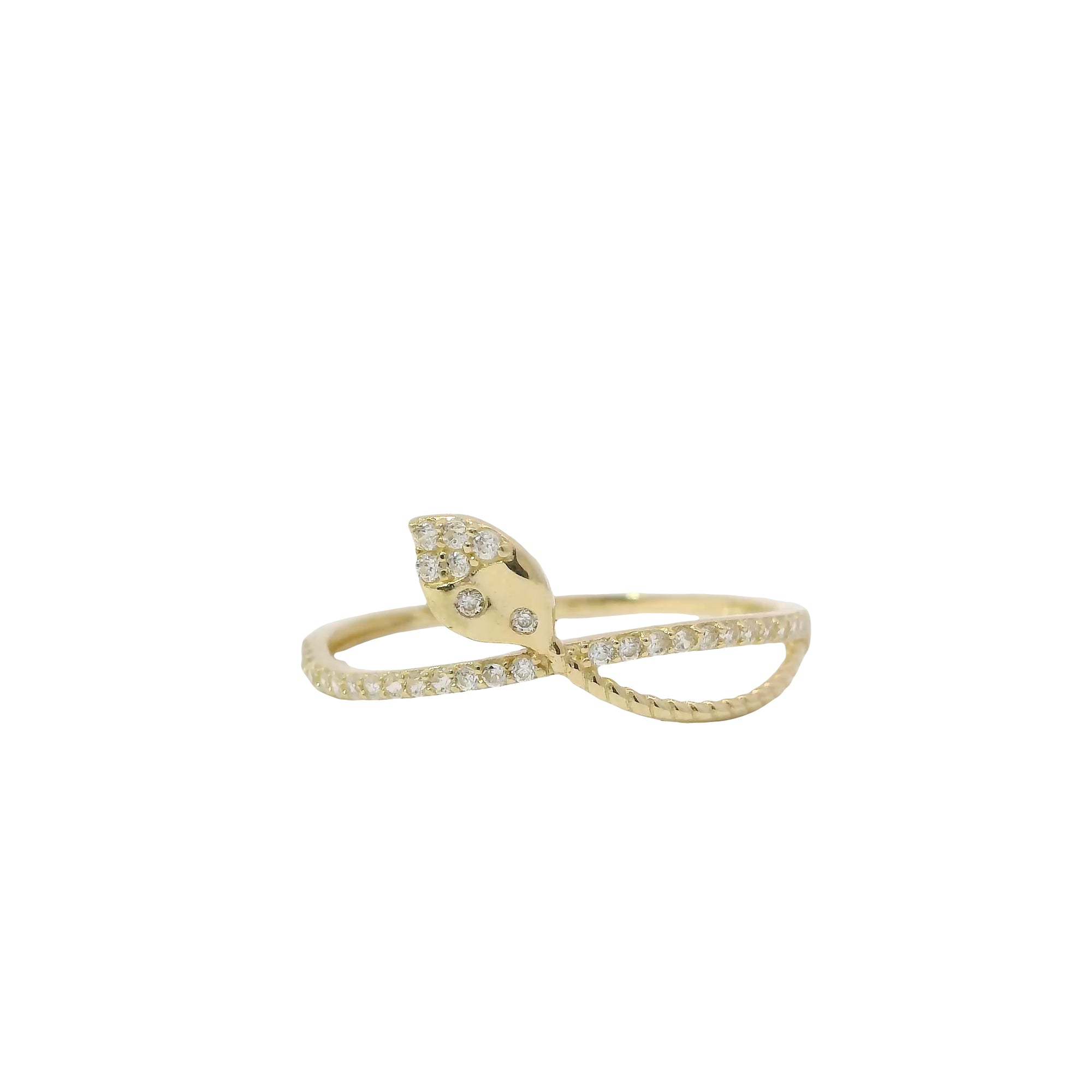 14KT Gold Ring Women's Light Weight White CZ Stone Band with Half Plain Leaf Center