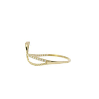 14KT Gold Ring Women's Light Weight White CZ Stone Band with Half Plain Leaf Center