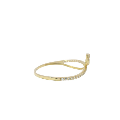 14KT Gold Ring Women's Light Weight White CZ Stone Band with Half Plain Leaf Center