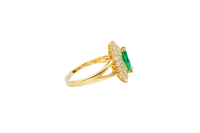 14KT Gold Ring Women's Marquise Dark Green Center CZ with Round Double CZ Border Plain Split Band