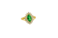 14KT Gold Ring Women's Marquise Dark Green Center CZ with Round Double CZ Border Plain Split Band