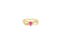 14KT Gold Ring Women's Marquise Mini Red Center CZ Split Wavy Plain White CZ Band