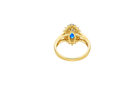 14KT Gold Ring Women's Marquise Navy Blue Center CZ with Round Double CZ Border Plain Split Band