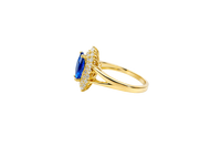 14KT Gold Ring Women's Marquise Navy Blue Center CZ with Round Double CZ Border Plain Split Band