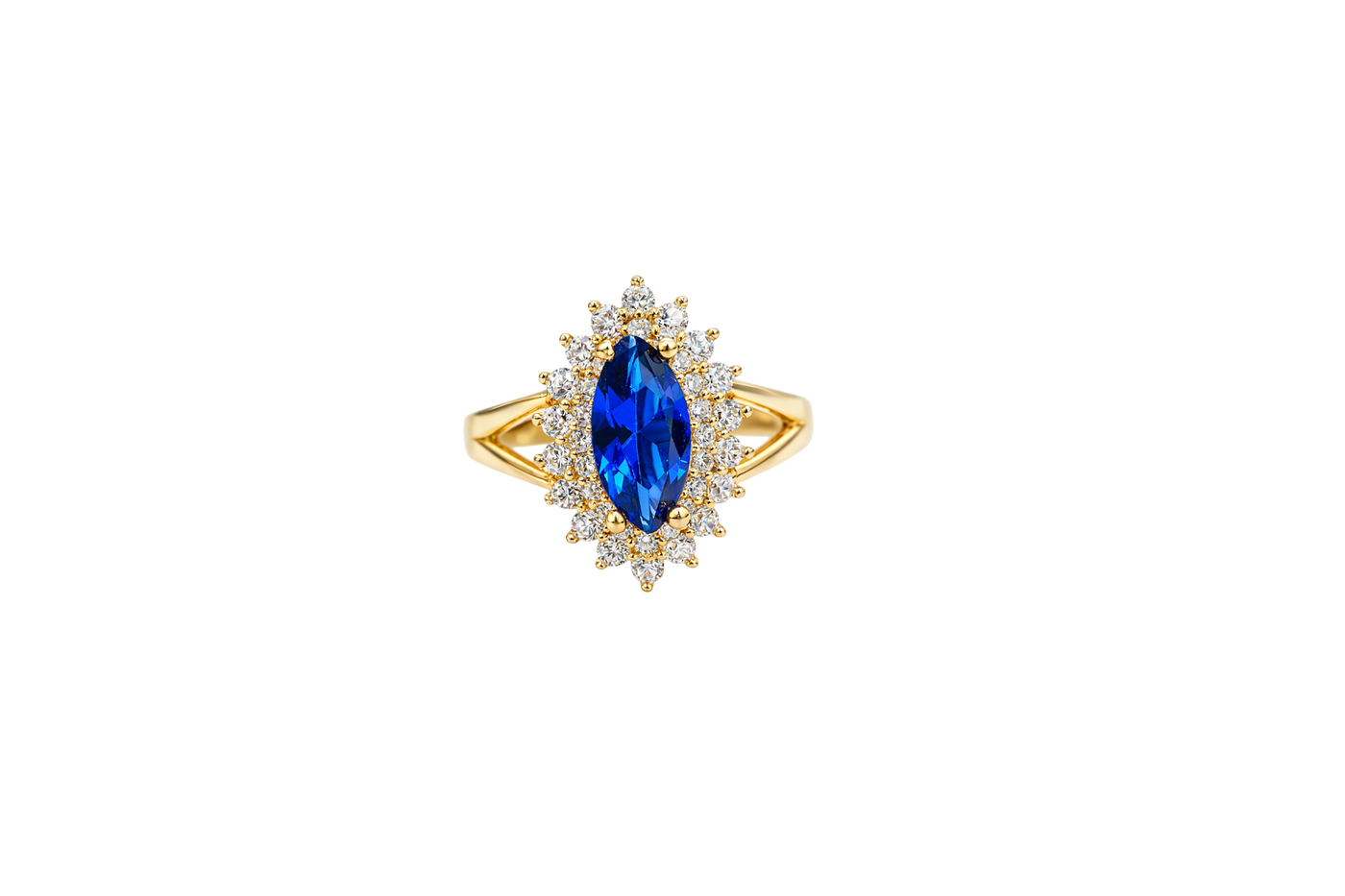 14KT Gold Ring Women's Marquise Navy Blue Center CZ with Round Double CZ Border Plain Split Band