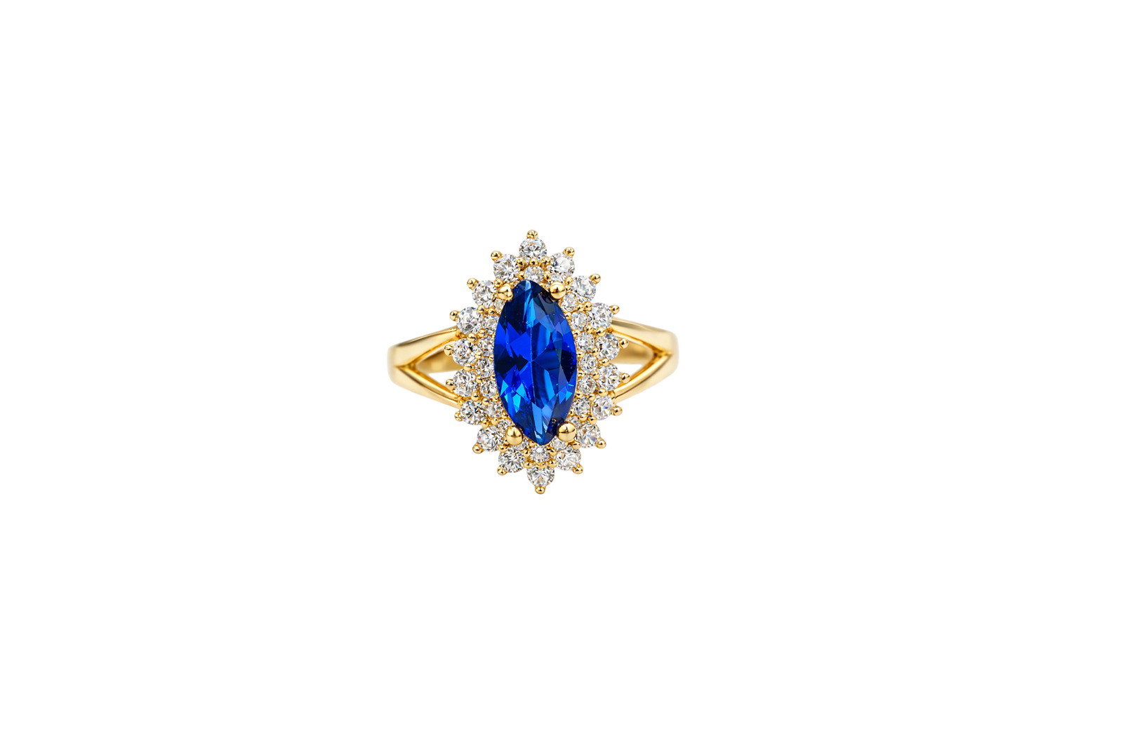 14KT Gold Ring Women's Marquise Navy Blue Center CZ with Round Double CZ Border Plain Split Band