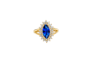 14KT Gold Ring Women's Marquise Navy Blue Center CZ with Round Double CZ Border Plain Split Band