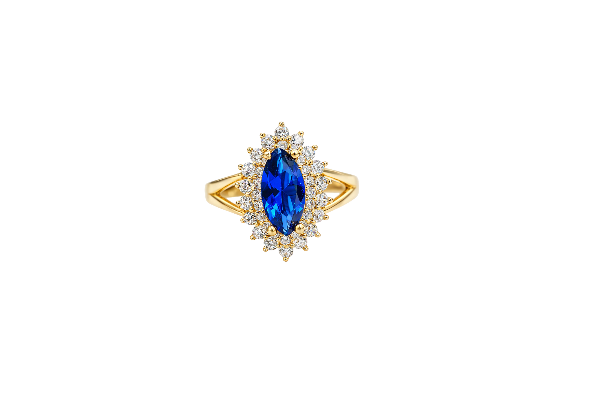 14KT Gold Ring Women's Marquise Navy Blue Center CZ with Round Double CZ Border Plain Split Band