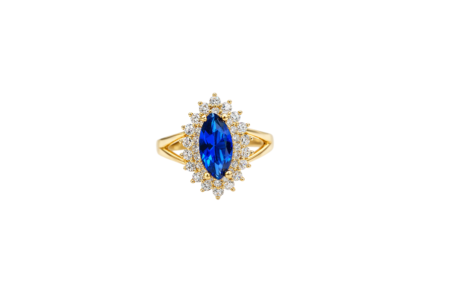 14KT Gold Ring Women's Marquise Navy Blue Center CZ with Round Double CZ Border Plain Split Band