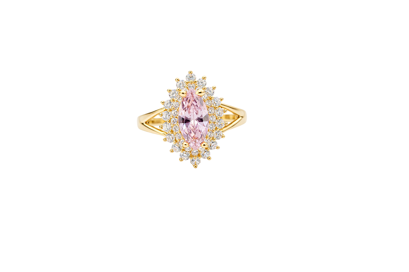 14KT Gold Ring Women's Marquise Pink Center CZ with Round Double CZ Border Plain Split Band