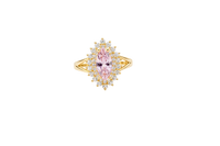 14KT Gold Ring Women's Marquise Pink Center CZ with Round Double CZ Border Plain Split Band