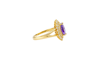 14KT Gold Ring Women's Marquise Purple Center CZ with Round Double CZ Border Plain Split Band
