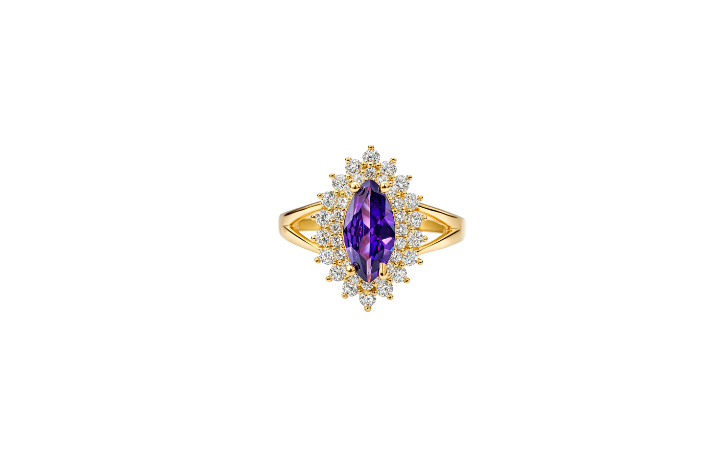 14KT Gold Ring Women's Marquise Purple Center CZ with Round Double CZ Border Plain Split Band