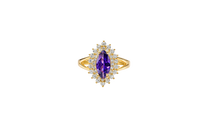 14KT Gold Ring Women's Marquise Purple Center CZ with Round Double CZ Border Plain Split Band
