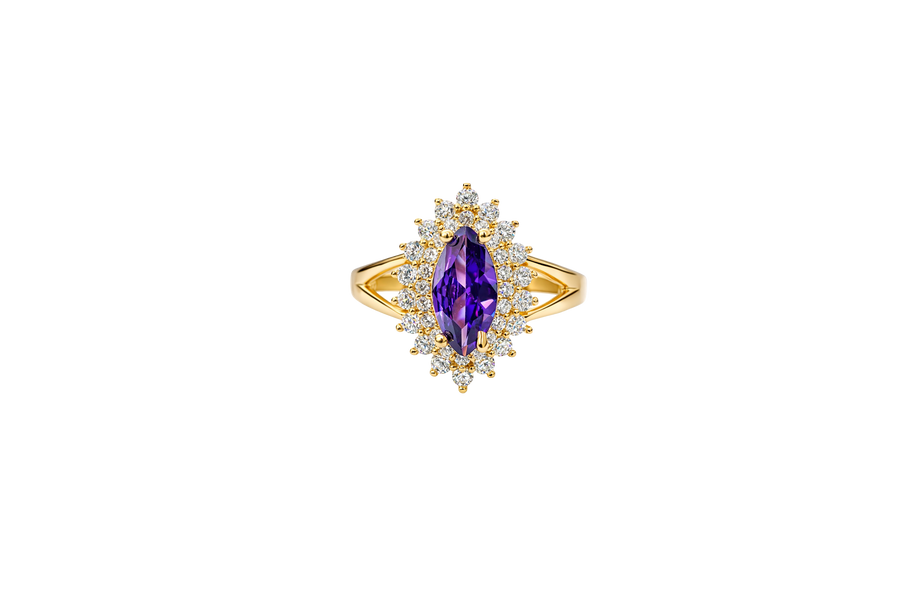 14KT Gold Ring Women's Marquise Purple Center CZ with Round Double CZ Border Plain Split Band