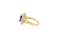 14KT Gold Ring Women's Marquise Purple Center CZ with Round Double CZ Border Plain Split Band
