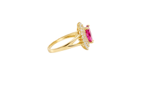 14KT Gold Ring Women's Marquise Magenta Pink Center CZ with Round Double CZ Border Plain Split Band