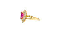 14KT Gold Ring Women's Marquise Magenta Pink Center CZ with Round Double CZ Border Plain Split Band