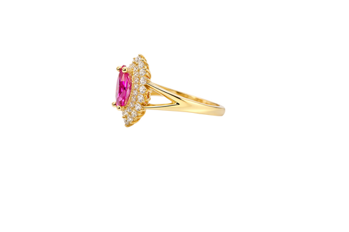 14KT Gold Ring Women's Marquise Magenta Pink Center CZ with Round Double CZ Border Plain Split Band