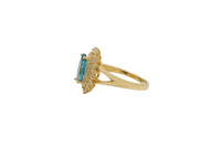 14KT Gold Ring Women's Marquise Turquoise Center CZ with Round Double CZ Border Plain Split Band