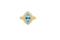 14KT Gold Ring Women's Marquise Turquoise Center CZ with Round Double CZ Border Plain Split Band