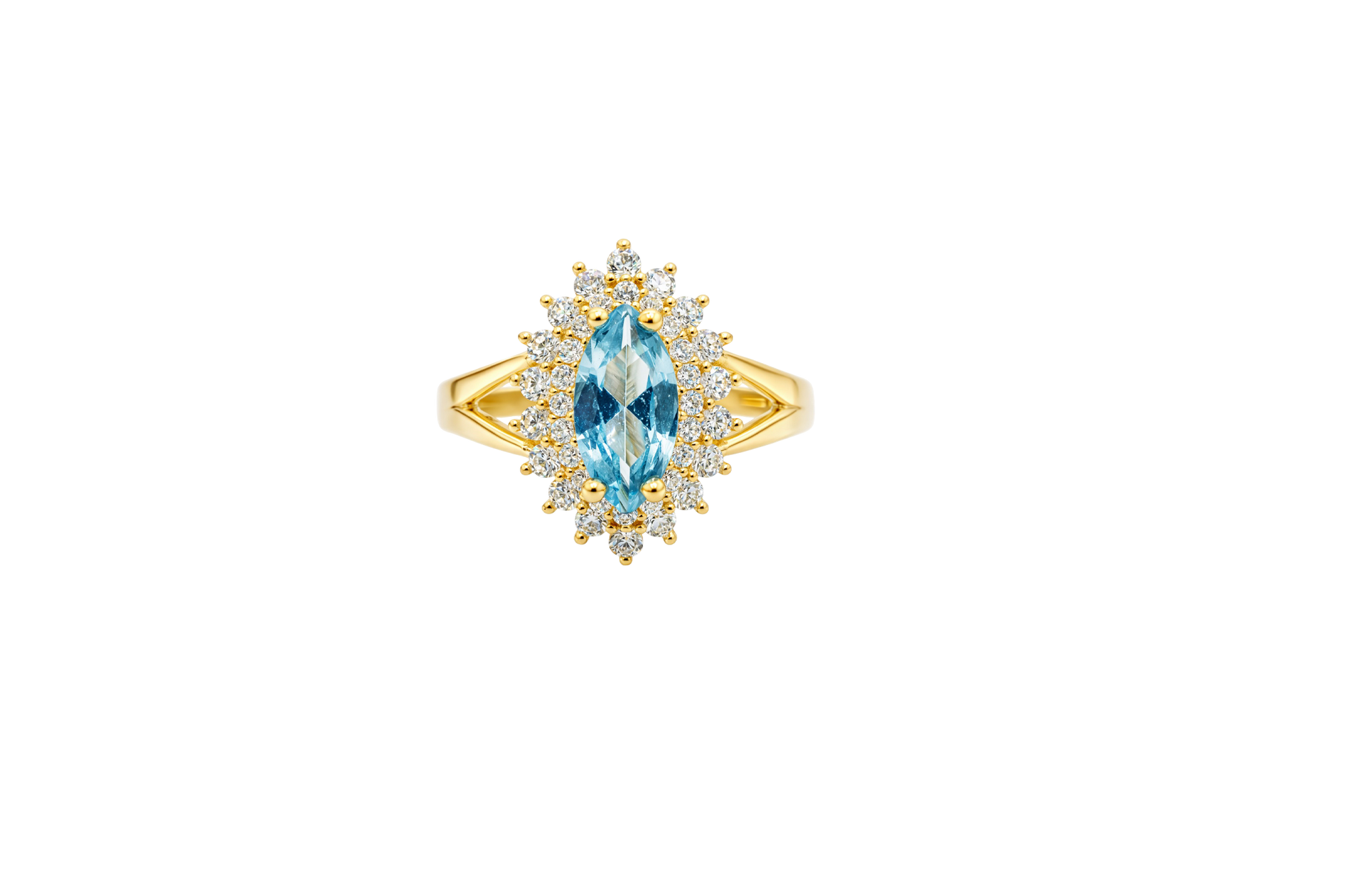 14KT Gold Ring Women's Marquise Turquoise Center CZ with Round Double CZ Border Plain Split Band