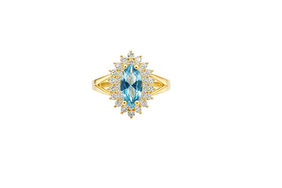 14KT Gold Ring Women's Marquise Turquoise Center CZ with Round Double CZ Border Plain Split Band