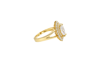 14KT Gold Ring Women's Marquise White Center CZ with Round Double CZ Border Plain Split Band