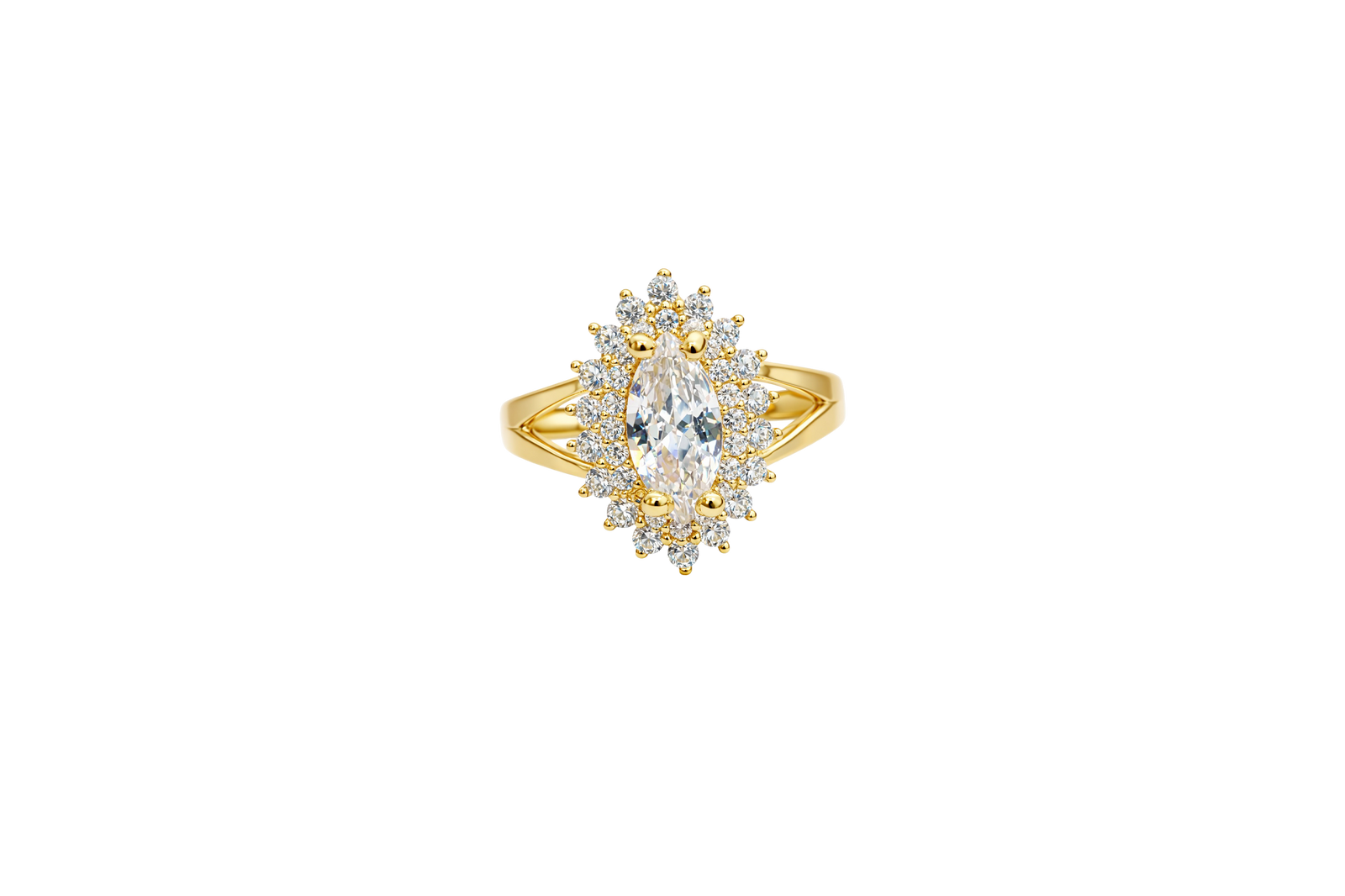 14KT Gold Ring Women's Marquise White Center CZ with Round Double CZ Border Plain Split Band