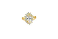14KT Gold Ring Women's Marquise White Center CZ with Round Double CZ Border Plain Split Band