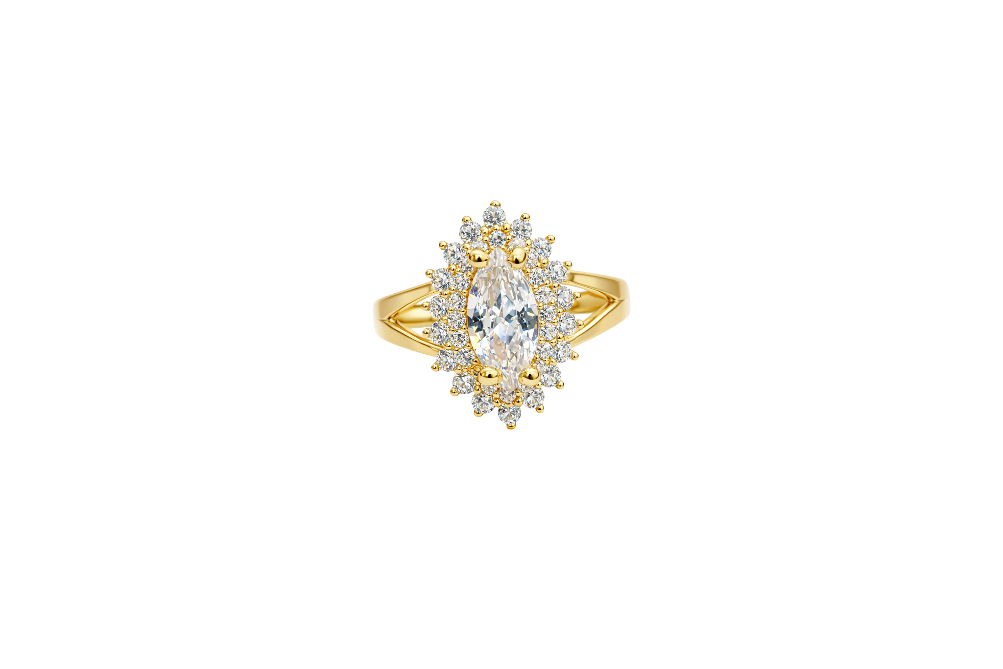 14KT Gold Ring Women's Marquise White Center CZ with Round Double CZ Border Plain Split Band