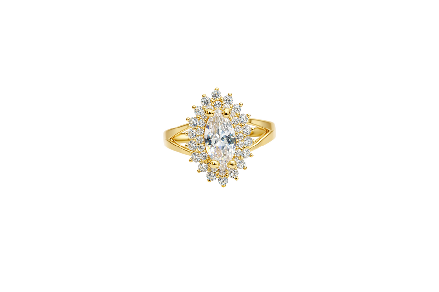 14KT Gold Ring Women's Marquise White Center CZ with Round Double CZ Border Plain Split Band