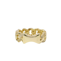 14KT Gold Ring Women's Medium Alternating White CZ Stones Cuban Link and Plain Cuban Link Band