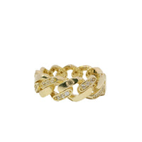 14KT Gold Ring Women's Medium Alternating White CZ Stones Cuban Link and Plain Cuban Link Band