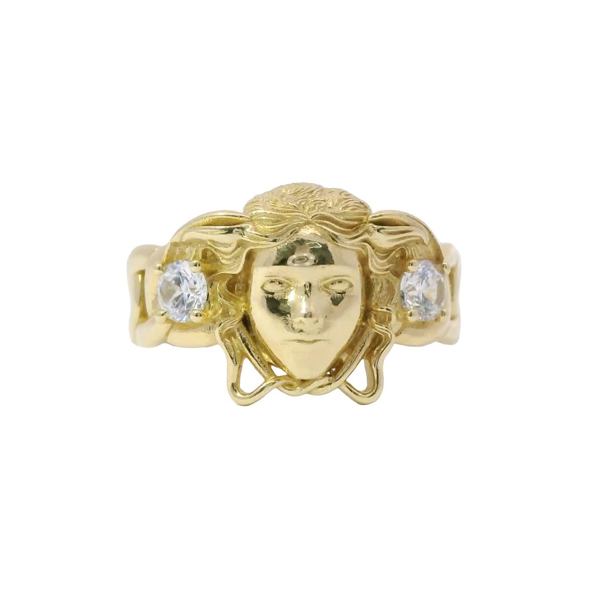 14KT Gold Ring Men's Medusa Head Shape with White CZ Stones Left/Right of Medusa Head Miami Link Band