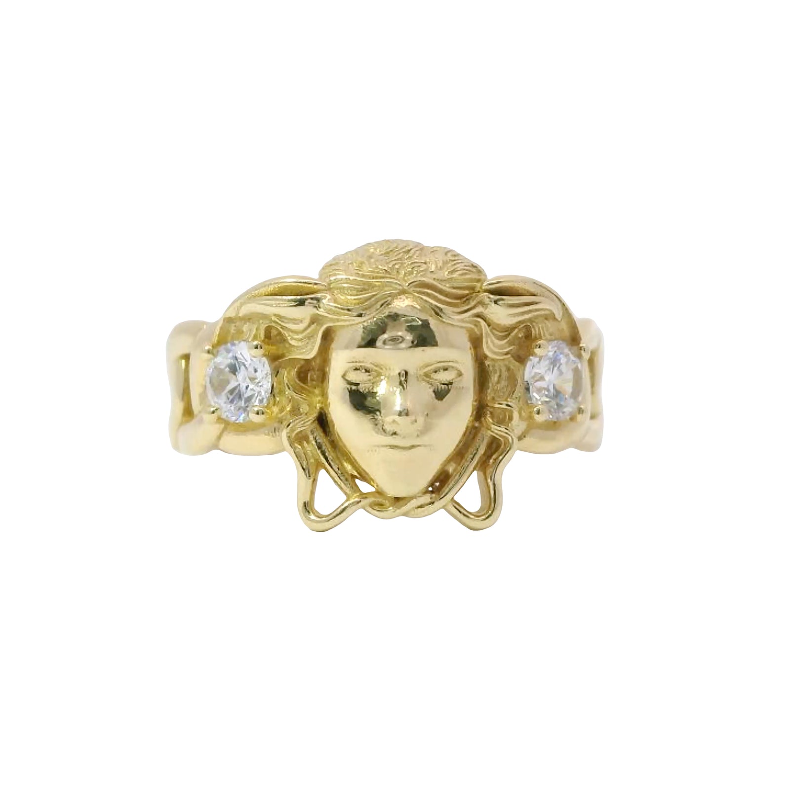 14KT Gold Ring Men's Medusa Head Shape with White CZ Stones Left/Right of Medusa Head Miami Link Band