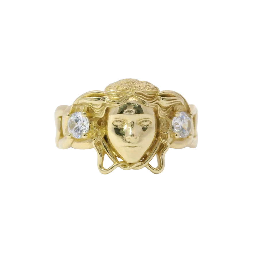 14KT Gold Ring Men's Medusa Head Shape with White CZ Stones Left/Right of Medusa Head Miami Link Band
