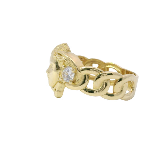 14KT Gold Ring Men's Medusa Head Shape with White CZ Stones Left/Right of Medusa Head Miami Link Band