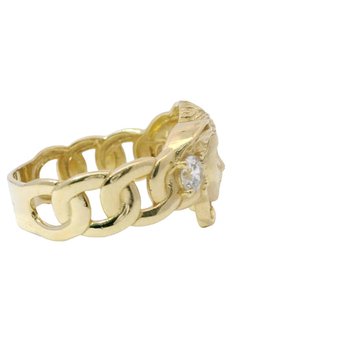 14KT Gold Ring Men's Medusa Head Shape with White CZ Stones Left/Right of Medusa Head Miami Link Band