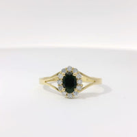 14KT Gold Ring Women's Mini Oval Black Center CZ Stone with Round White CZ Stones Border and Plain Split Band