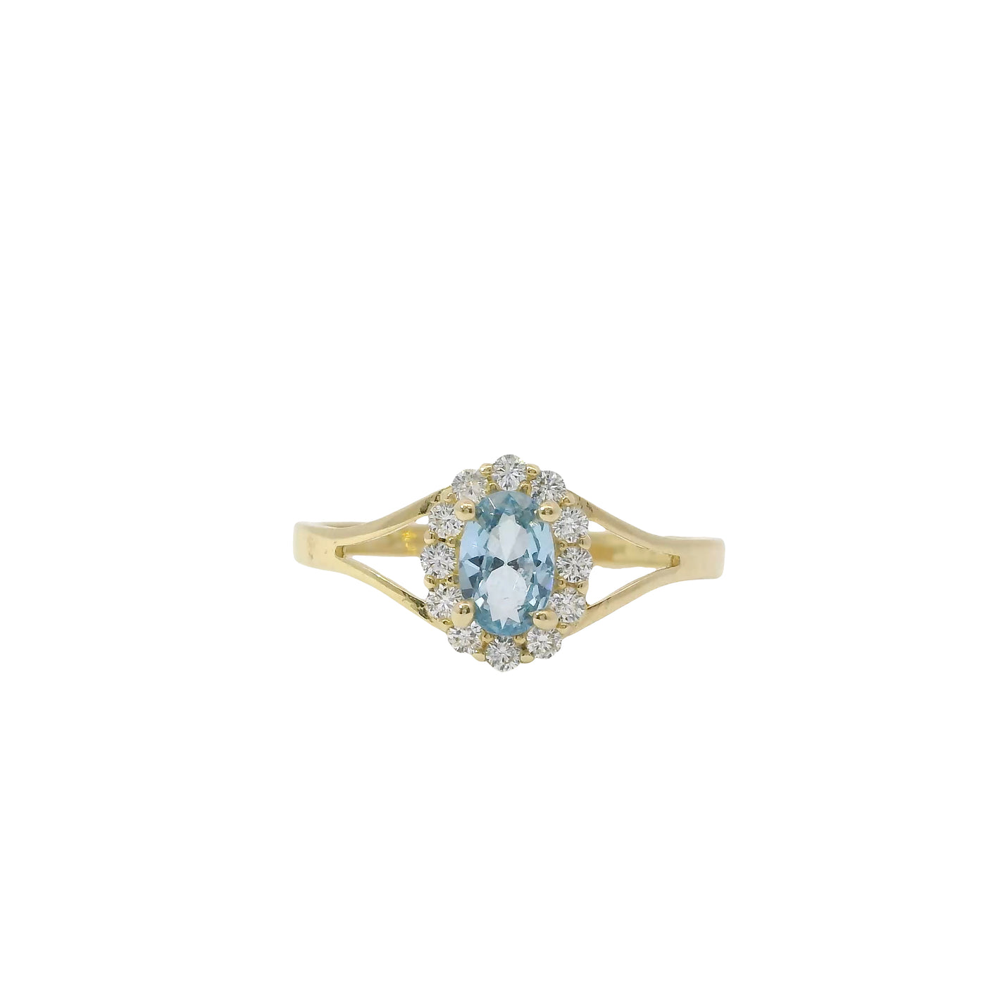 14KT Women's Gold Ring Mini Oval Light Blue Center CZ Stone with Round White CZ Stones Border and Plain Split Band