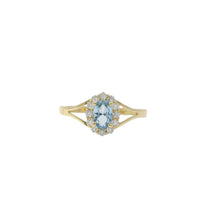 14KT Women's Gold Ring Mini Oval Light Blue Center CZ Stone with Round White CZ Stones Border and Plain Split Band