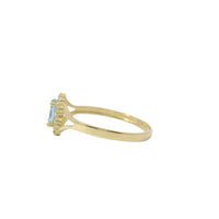14KT Women's Gold Ring Mini Oval Light Blue Center CZ Stone with Round White CZ Stones Border and Plain Split Band