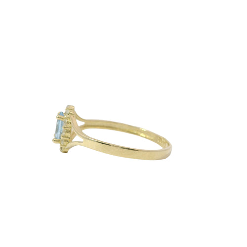 14KT Women's Gold Ring Mini Oval Light Blue Center CZ Stone with Round White CZ Stones Border and Plain Split Band