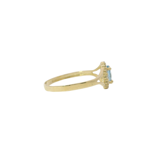 14KT Women's Gold Ring Mini Oval Light Blue Center CZ Stone with Round White CZ Stones Border and Plain Split Band